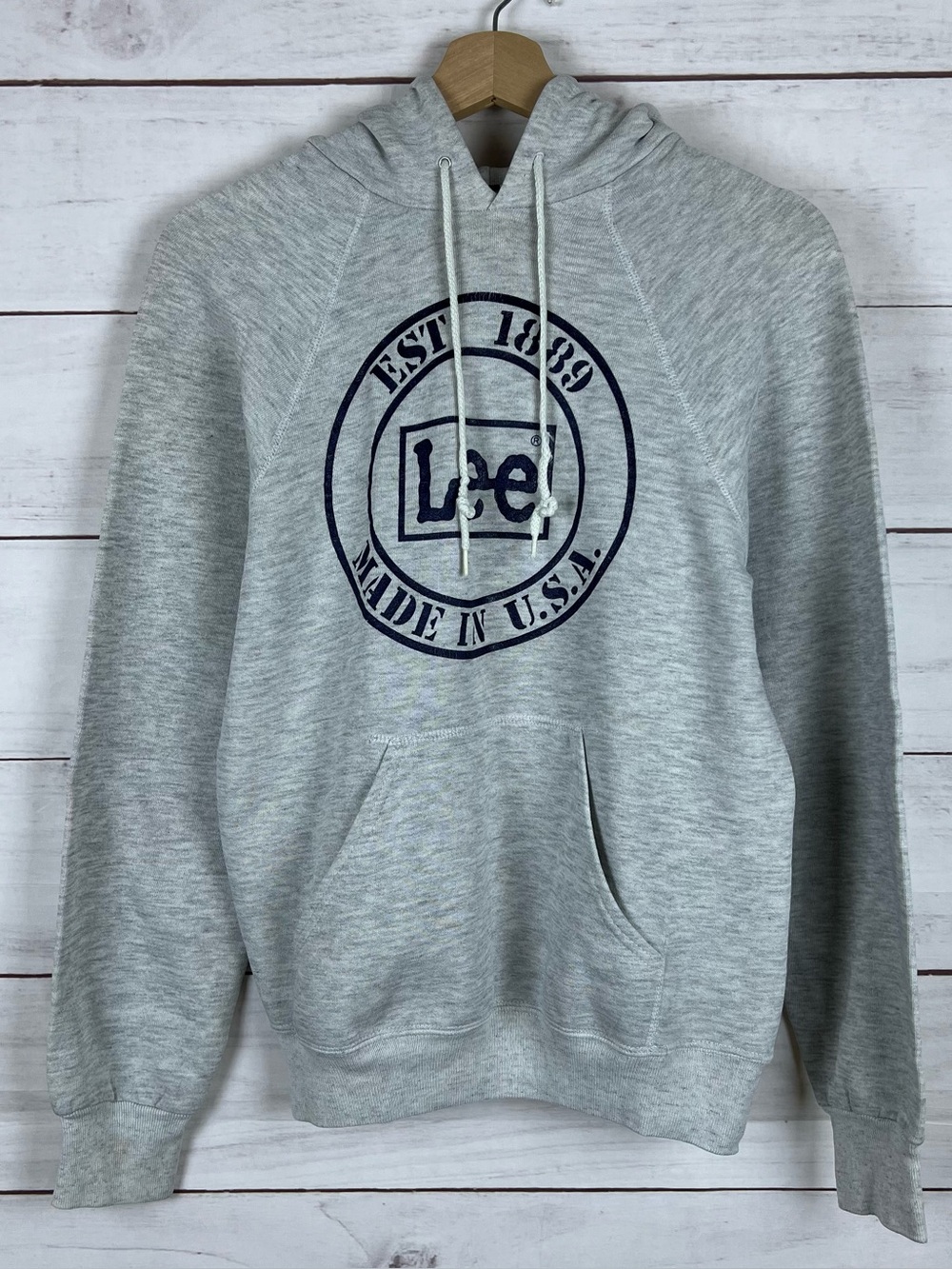 Vintage 80s 90s Lee Logo Raglan Hoodie Gray Size Medium Made In USA
